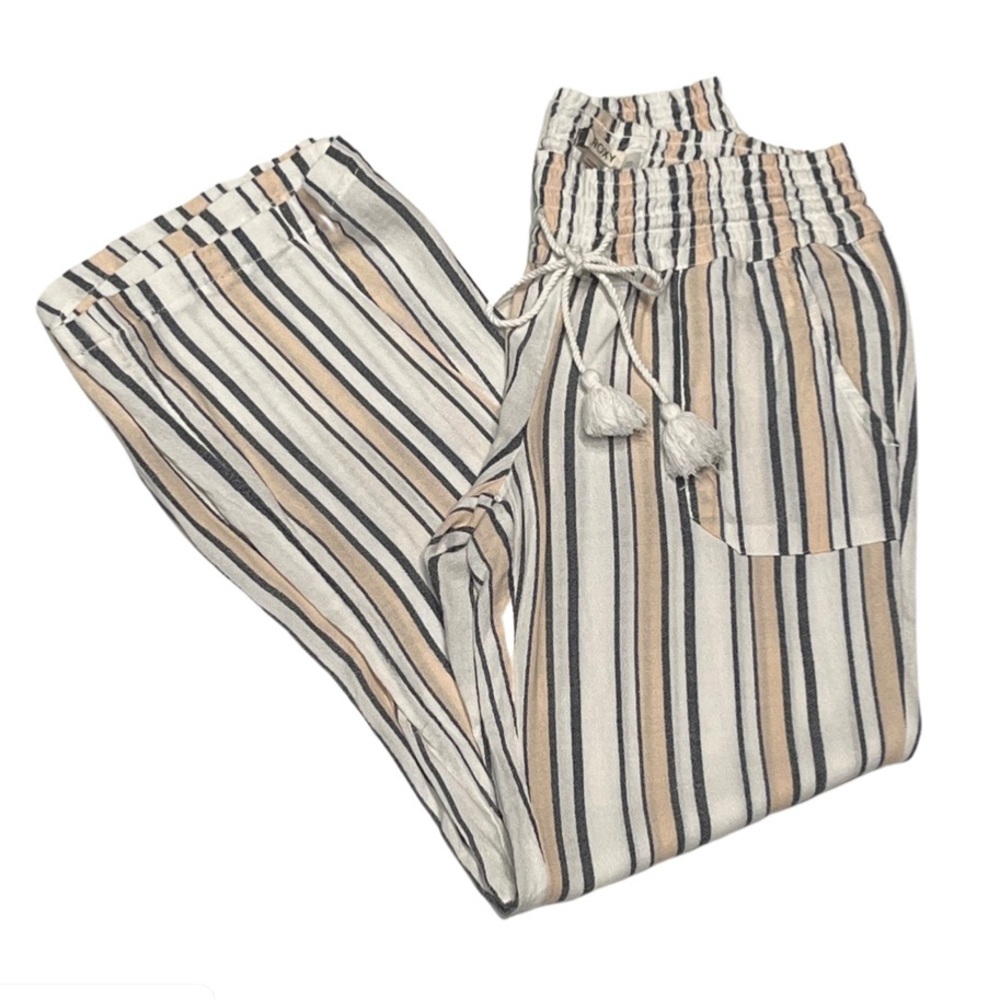 Roxy Striped Tassel-Waist Lounge Pants in White, Black & Tan
